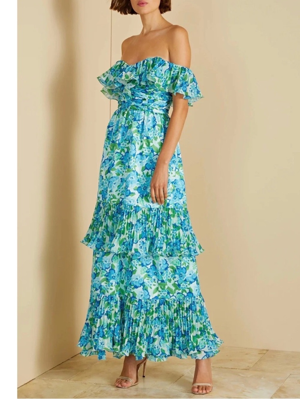 AMUR Pia Pleated Midi Dress Garden Blue Floral Ruffle Tiered Size 4 NWT
